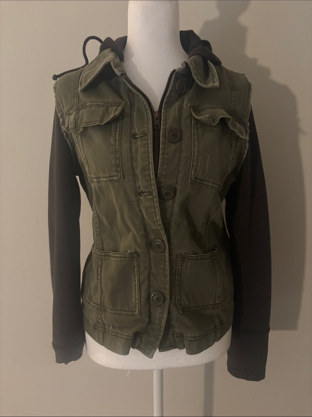 Free People Olive Green Utility Jacket with Black Hoodie Sleeves